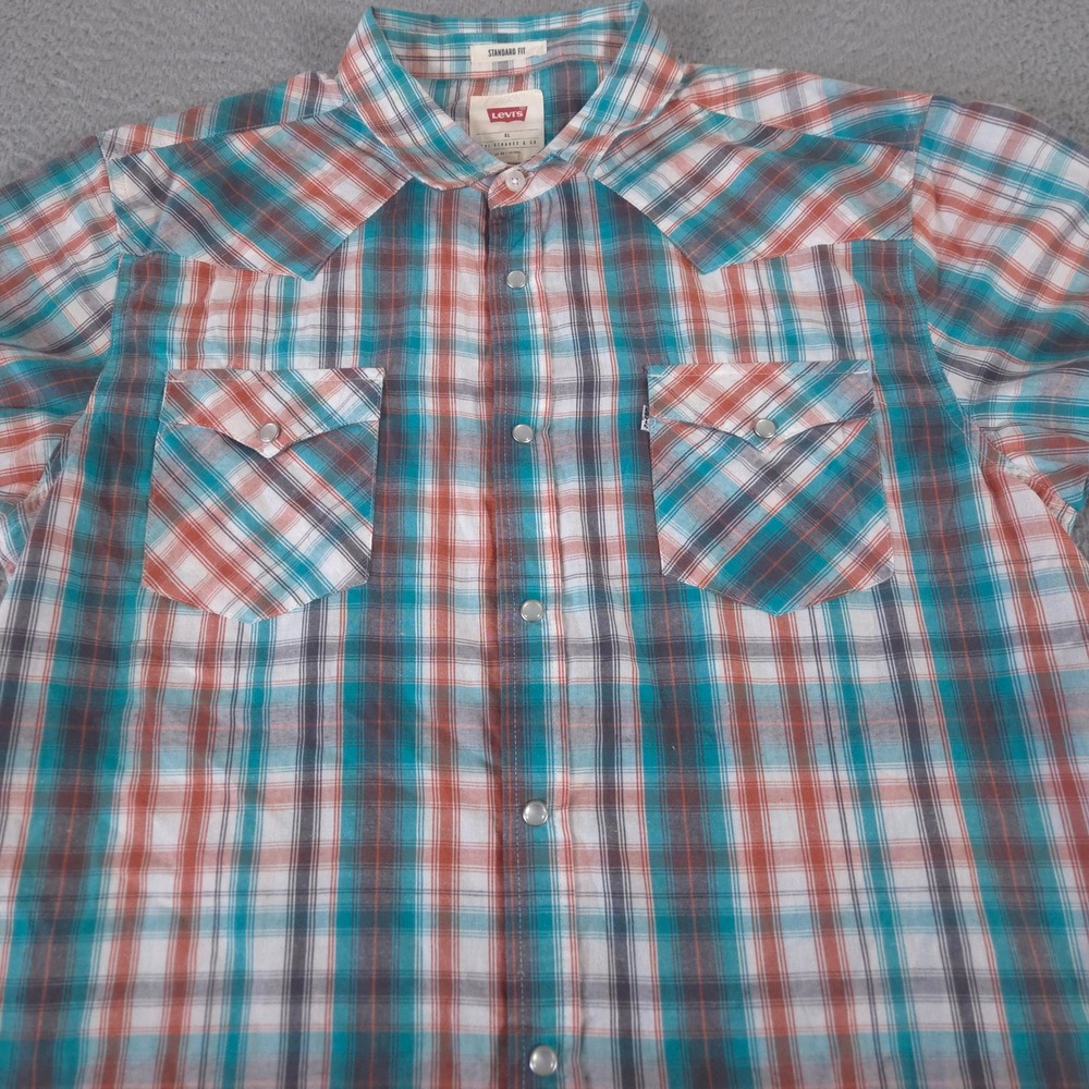 Levi's Shirt Mens XL Teal Orange Plaid Short Sleeve Pearl Snap Western Button Up